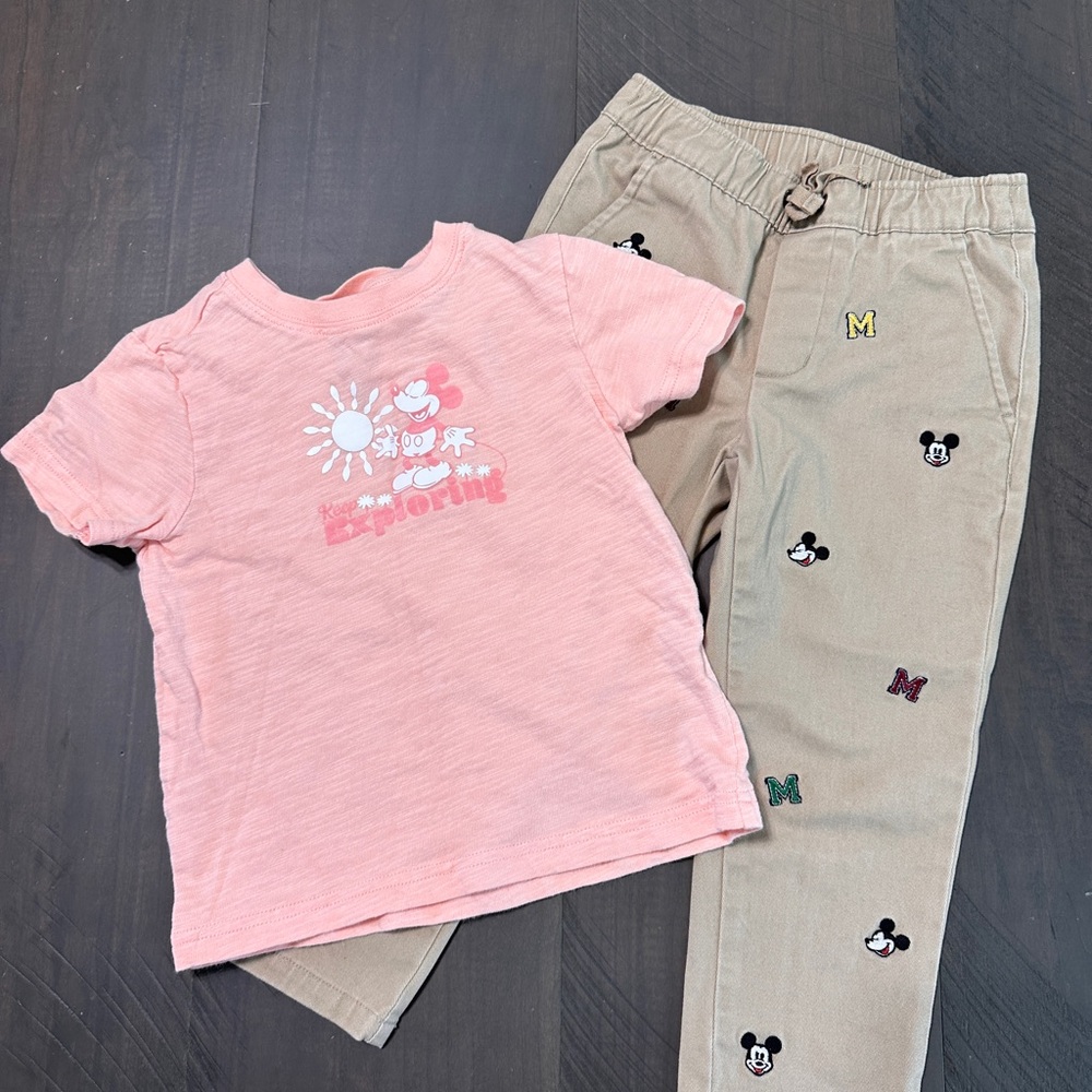 Janie and Jack Disney Boy Bundle. Cute coral Tee and Embroidered Tan Pants Set
